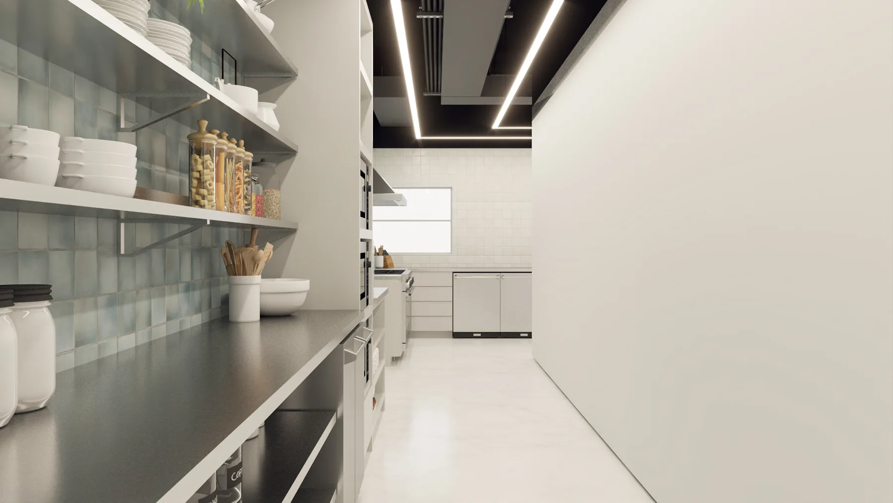 Photorealistic 3D render of the amenity kitchen, design development study for a commercial amenity interior