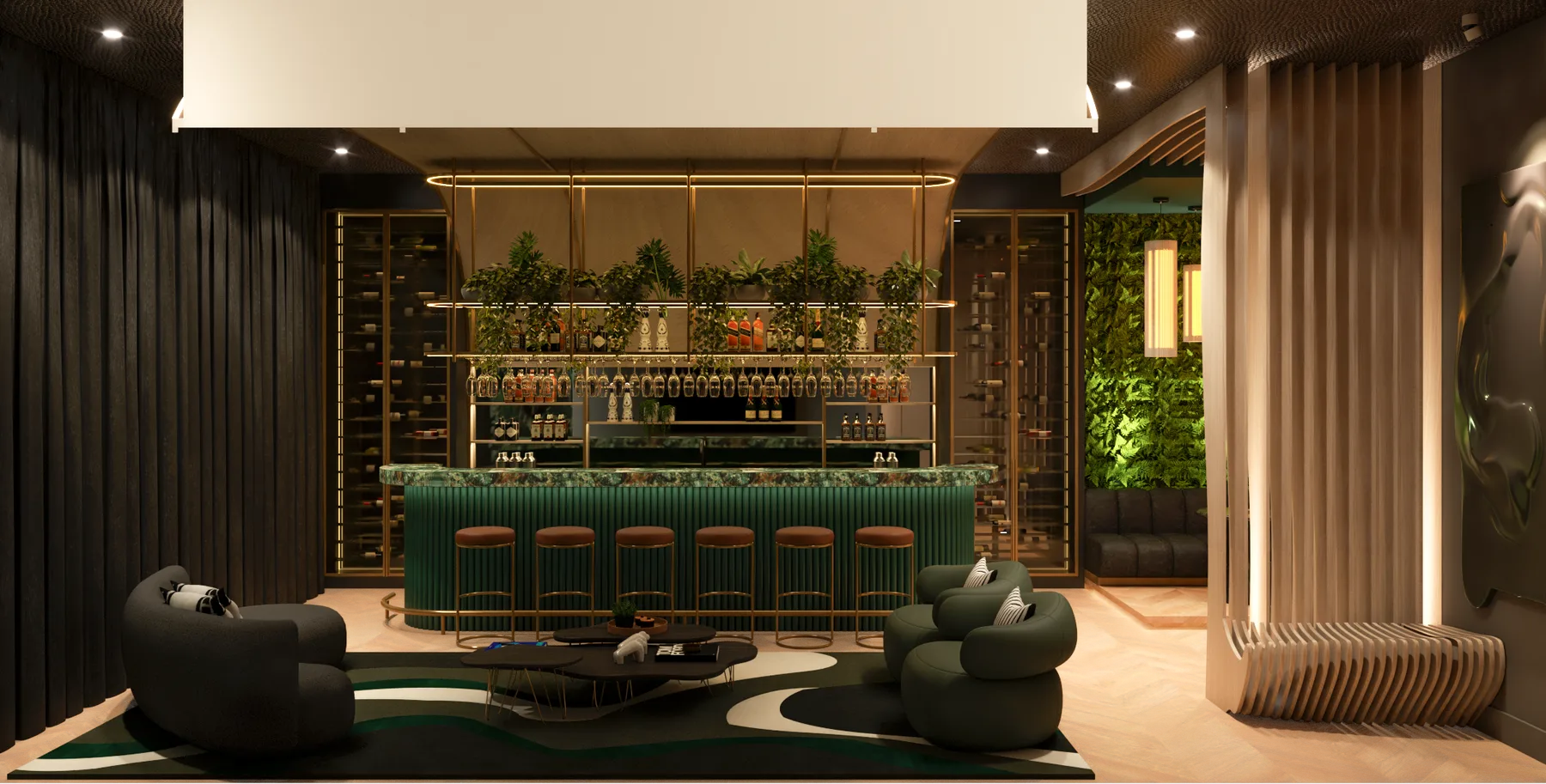Photorealistic 3D render of the Club Room with custom white oak millwork, design development study for a private residence
