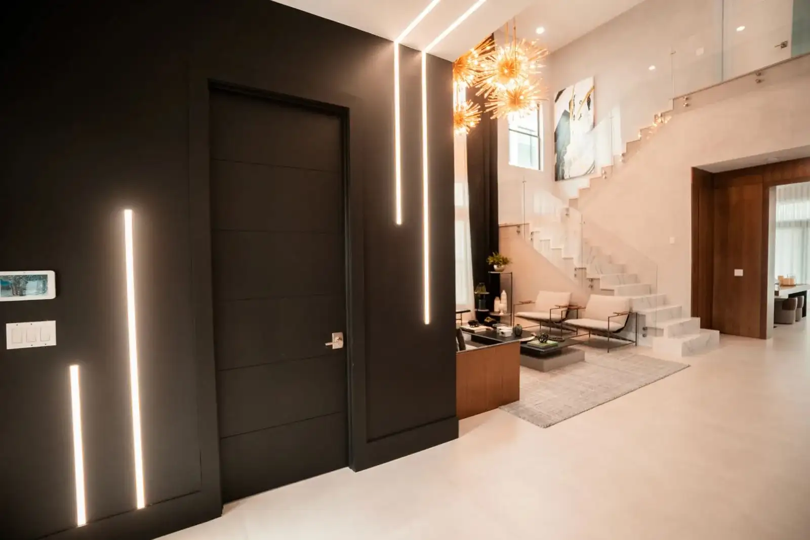 Fully furnished turnkey Miami living room with custom millwork and layered lighting