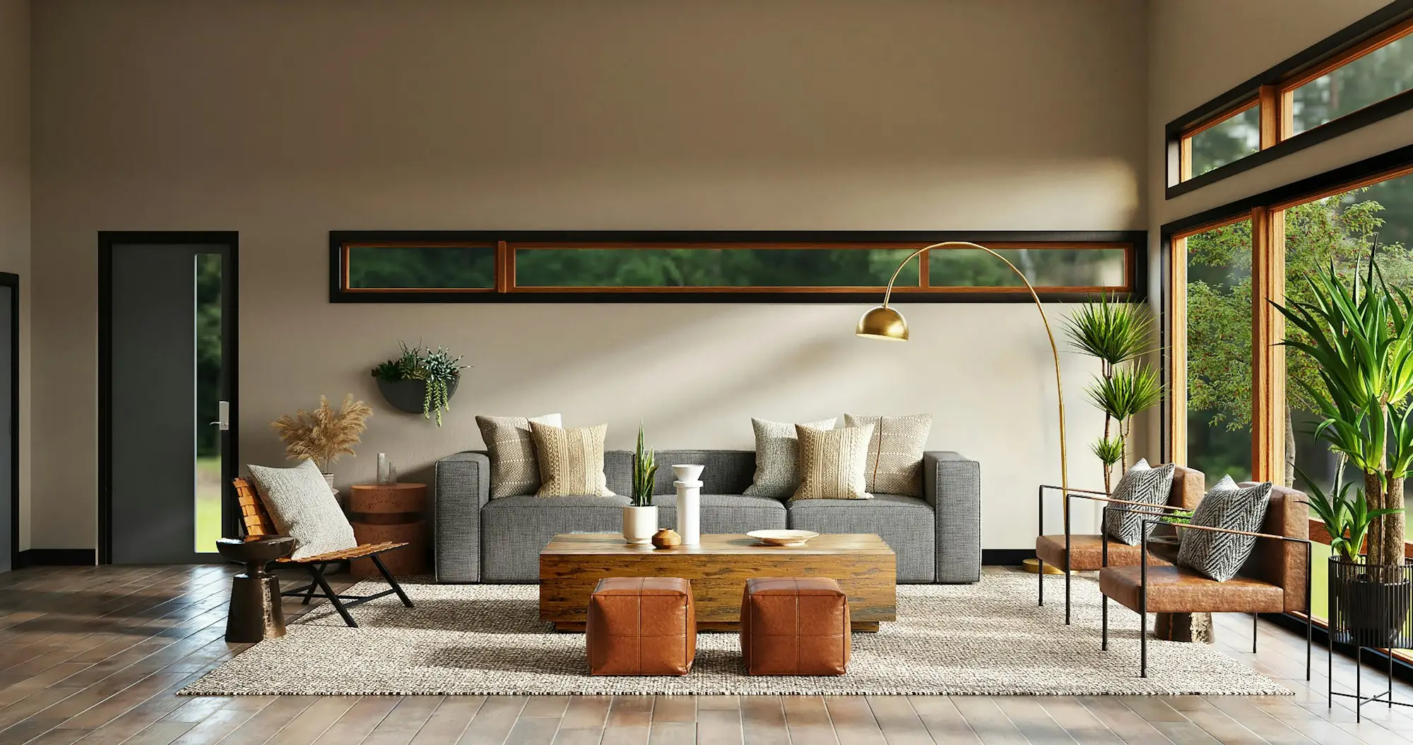 Coastal Miami interior in travertine and fluted oak with layered natural textiles