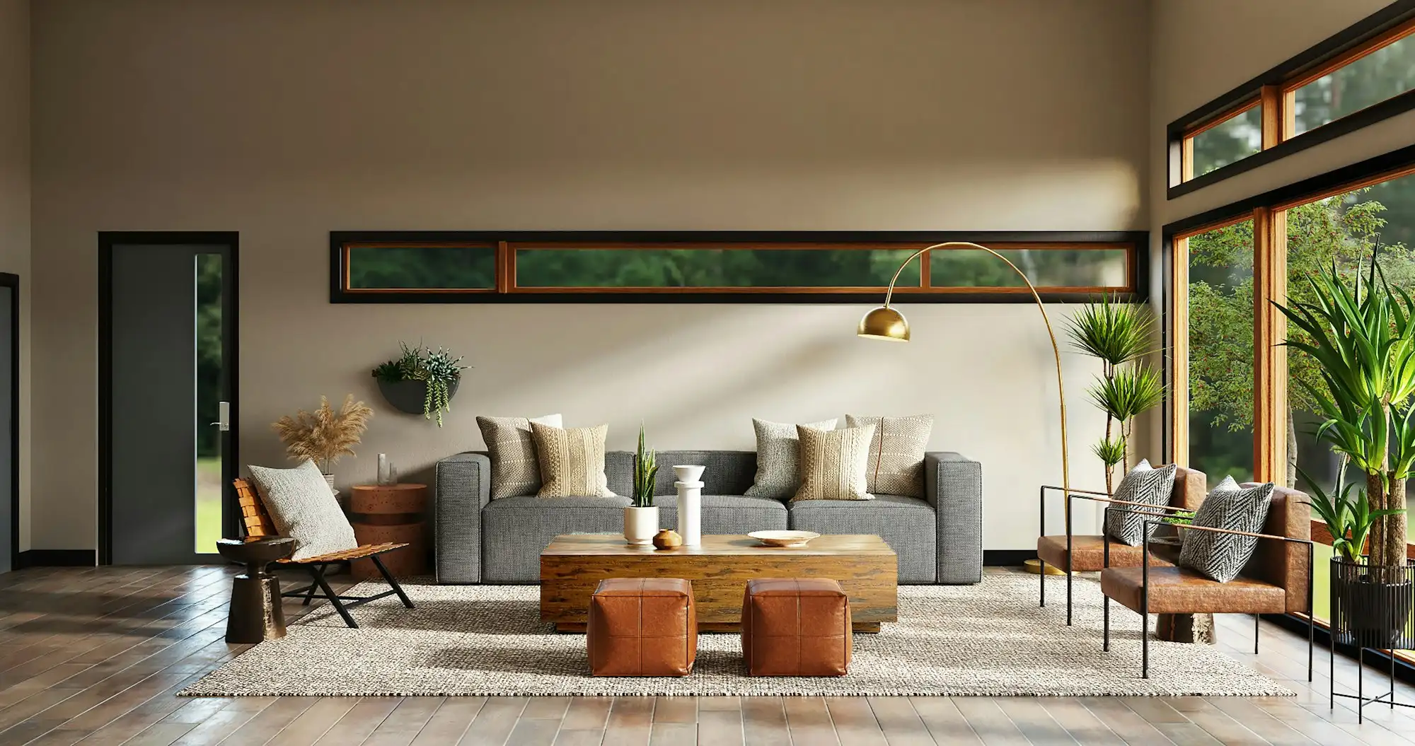 Coastal Miami interior in travertine and fluted oak with layered natural textiles